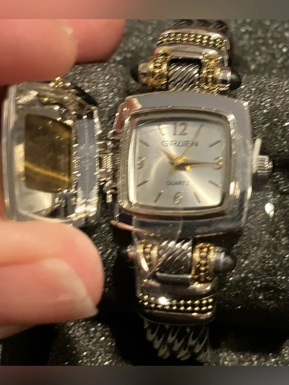NEW Vintage Gruen Peek-A-Boo Bracelet Watch in Silver & Gold with Amber Dial